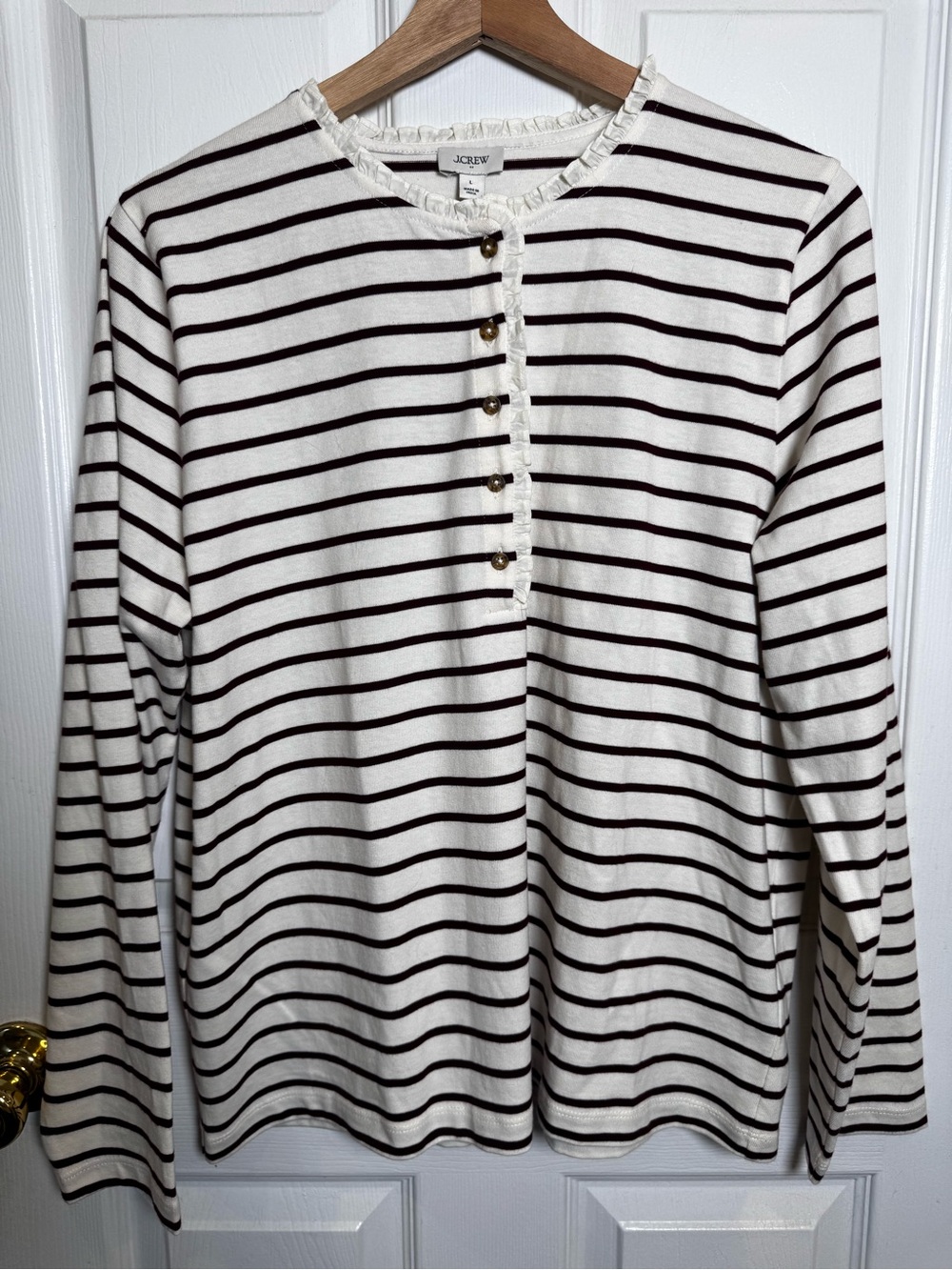 J.Crew NWT Burgundy Stripe Ruffle Breton Henley Top Large Coastal Preppy